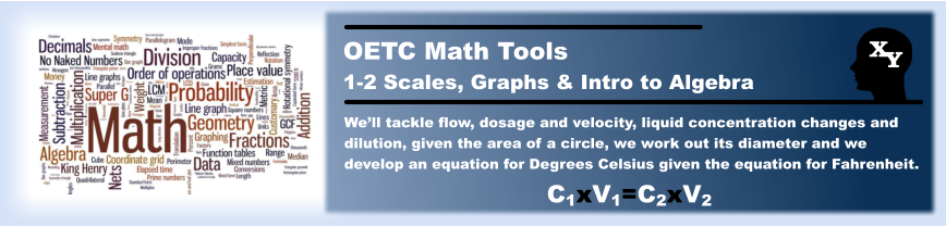 OETC Math Tools 1-2 Scales, Graphs & Intro to Algebra  X    Y We’ll tackle flow, dosage and velocity, liquid concentration changes and dilution, given the area of a circle, we work out its diameter and we develop an equation for Degrees Celsius given the equation for Fahrenheit.   C1xV1=C2xV2